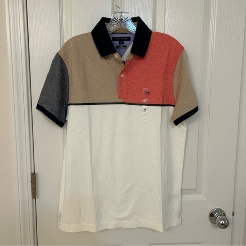 Tommy Hilfiger Men's Custom-Fit Colorblocked Polo Shirt in Red/Tan Multi Size M